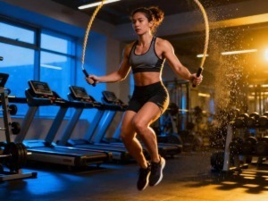 Una donna che fa esercizi di cardio con il salto con la corda in palestra moderna e ben illuminata, focus sulla forma fisica e fitness.