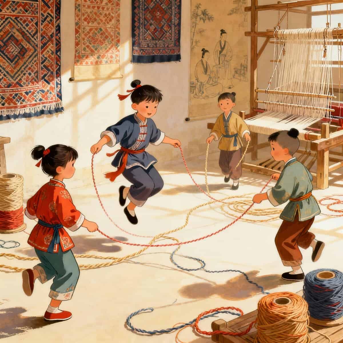 Chi ha inventato la corda per saltare? Ragazzi cinesi che giocano con la corda in una stanza tradizionale con tappeti appesi e telai da tessitura. Scene di gioco e cultura cinese antica.