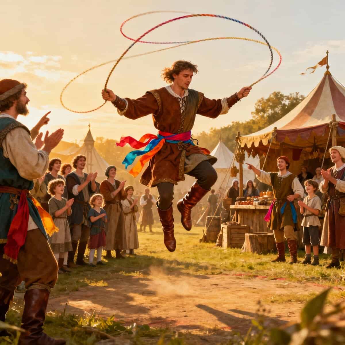 Saltatore con il cerchio durante il festival medievale, scena di una rievocazione storica con tende e pubblico divertito, ambientata al tramonto.