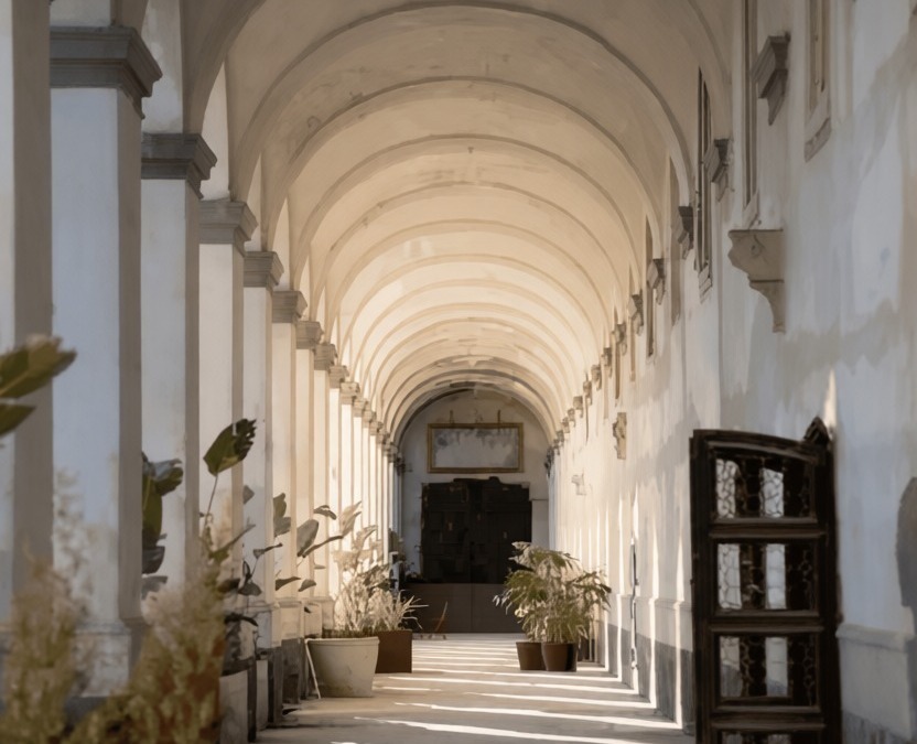 Chiostro architettonico con arcate storiche, natura e luce, ideale per foto e relax.