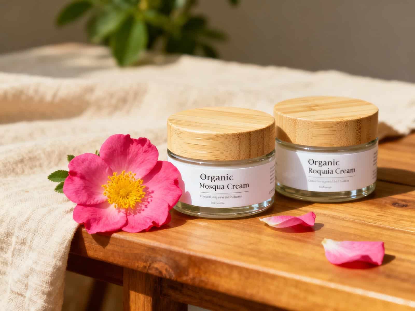 Crema organica di rose e mosqueta in barattoli di vetro con coperchio di legno, fiori di rosa e petali colorati, ideale per skincare naturale e delicata.