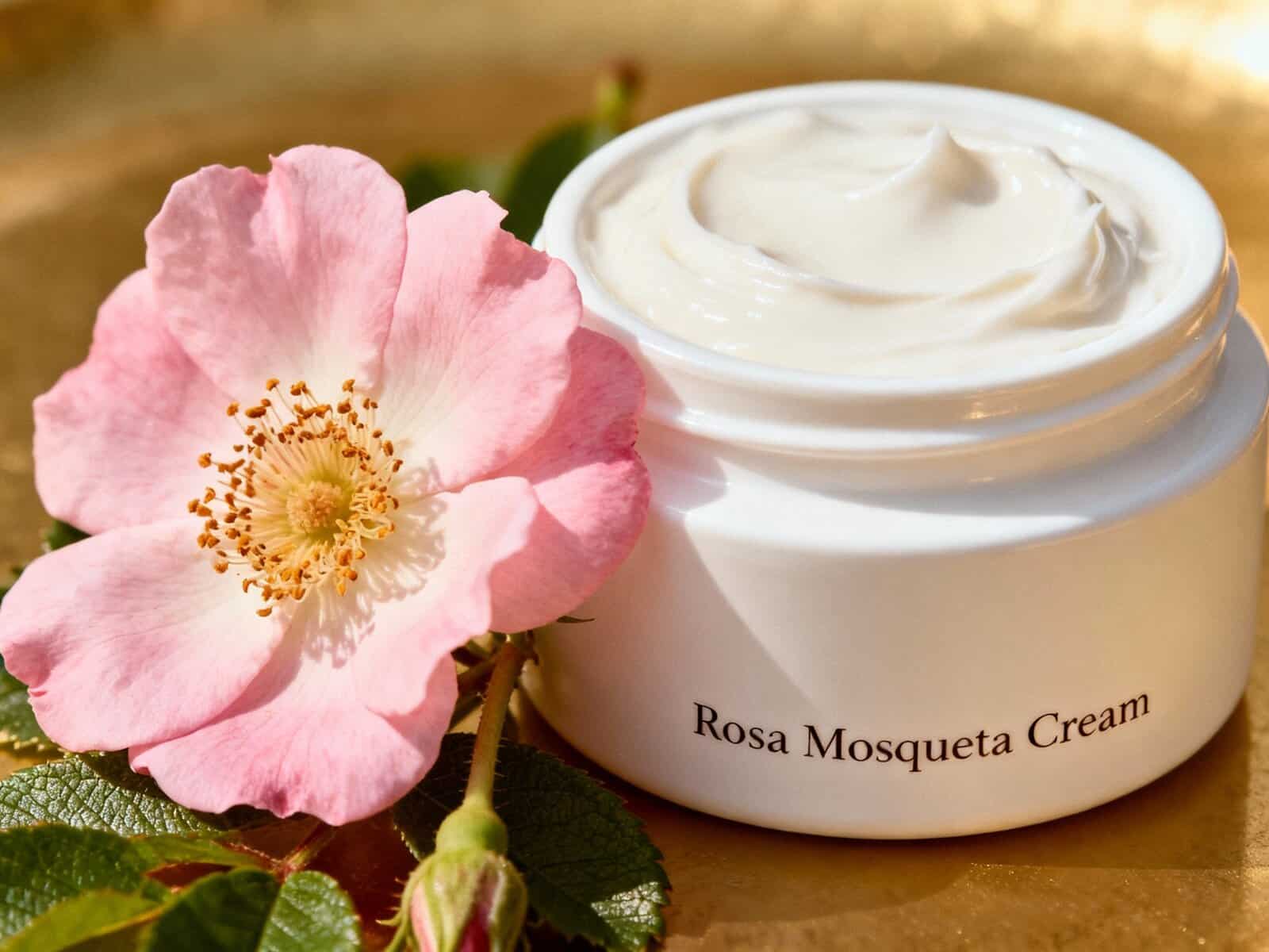 Crema rosa Mosqueta in barattolo con fiore di rosa mosqueta, prodotto naturale per la cura della pelle e antirughe.