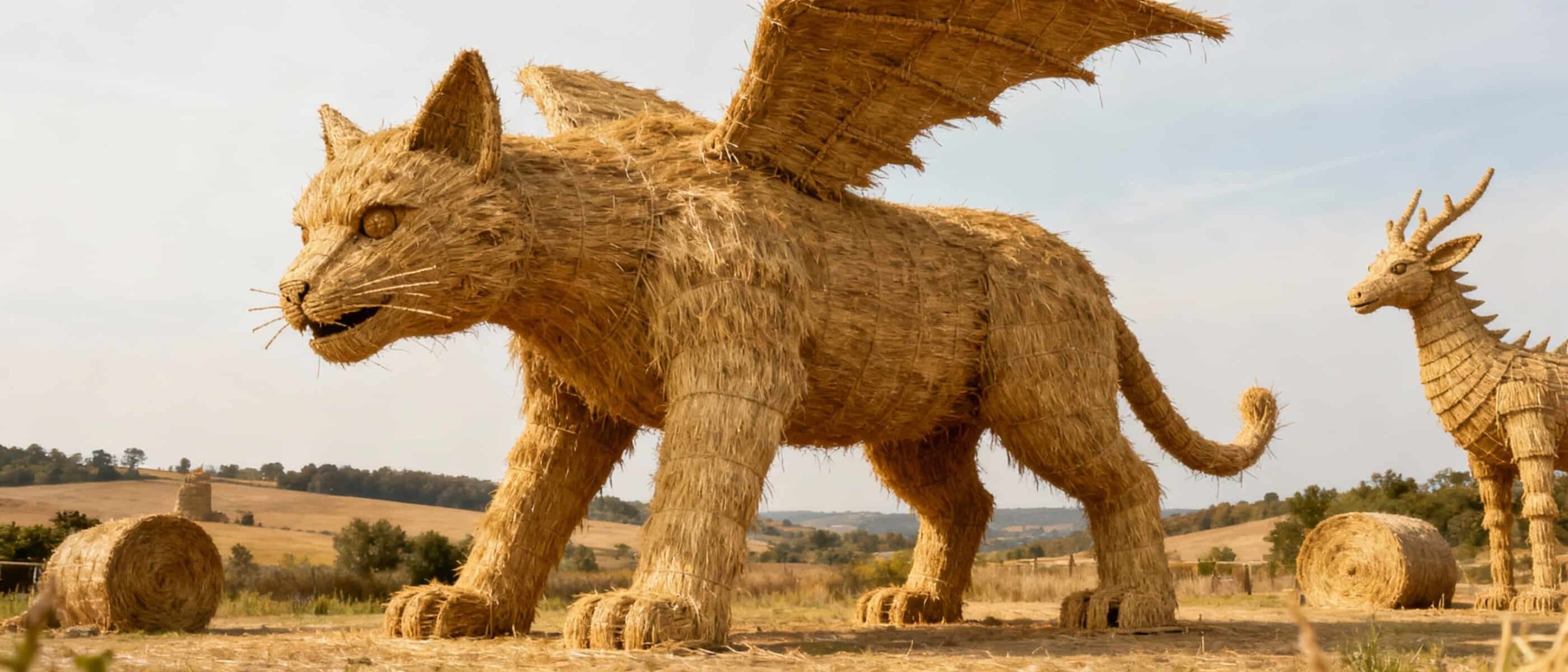 Gigantesche sculture di animali e creature mitiche realizzate in paglia, all'aperto in un paesaggio naturale, stile artistico realistico, atmosfera suggestiva e imponente