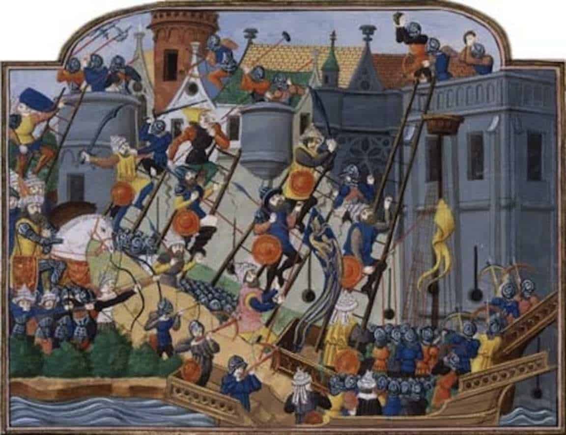 Popolazione medievale coinvolta in un combattimento, con soldati armati, scudi e armi, su di una nave e su terra, in un'illustrazione storica dettagliata.