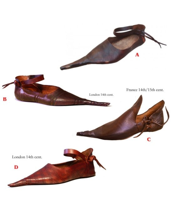 Piatto di scarpe in pelle storiche, tra cui calzature francesi e londinesi del XIV e XV secolo, con dettagli sulla storia e l'evoluzione delle scarpe antiche. Perfetto per appassionati di moda vintage e calzature storiche.
