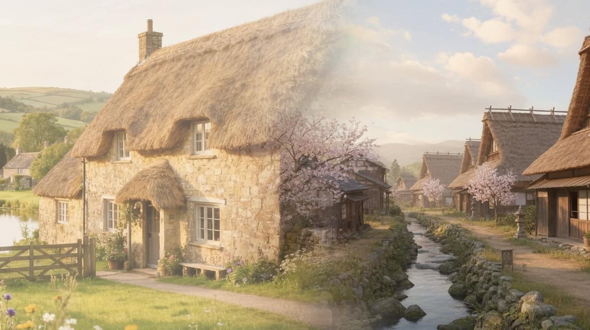 Vecchio cottage con tetto di paglia immerso nella campagna inglese during spring, con fiori di ciliegio in fiore e un ruscello che scorre lungo il villaggio rustico.