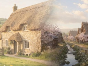 Vecchio cottage con tetto di paglia immerso nella campagna inglese during spring, con fiori di ciliegio in fiore e un ruscello che scorre lungo il villaggio rustico.