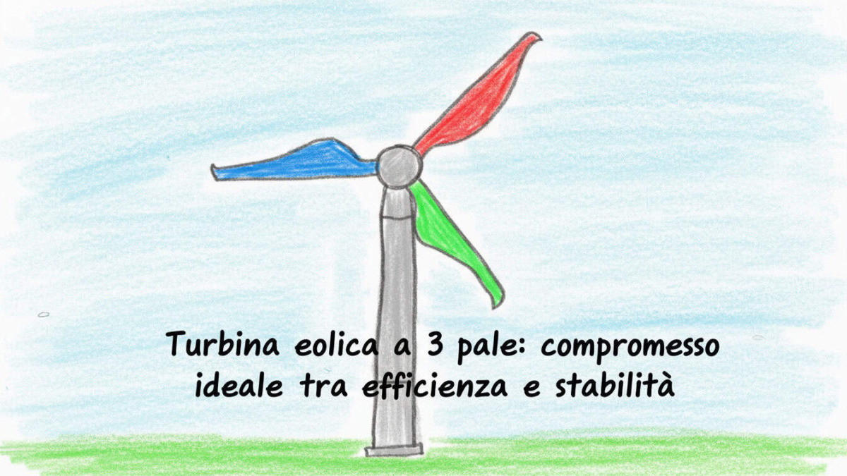 Turbina eolica a 3 pale disegnata a mano con colori vivaci, simbolo di energia rinnovabile, efficienza e sostenibilità ambientale.