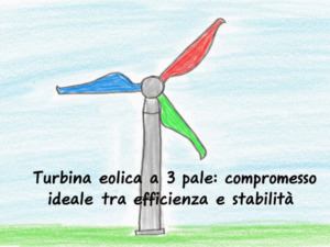 Turbina eolica a 3 pale disegnata a mano con colori vivaci, simbolo di energia rinnovabile, efficienza e sostenibilità ambientale.