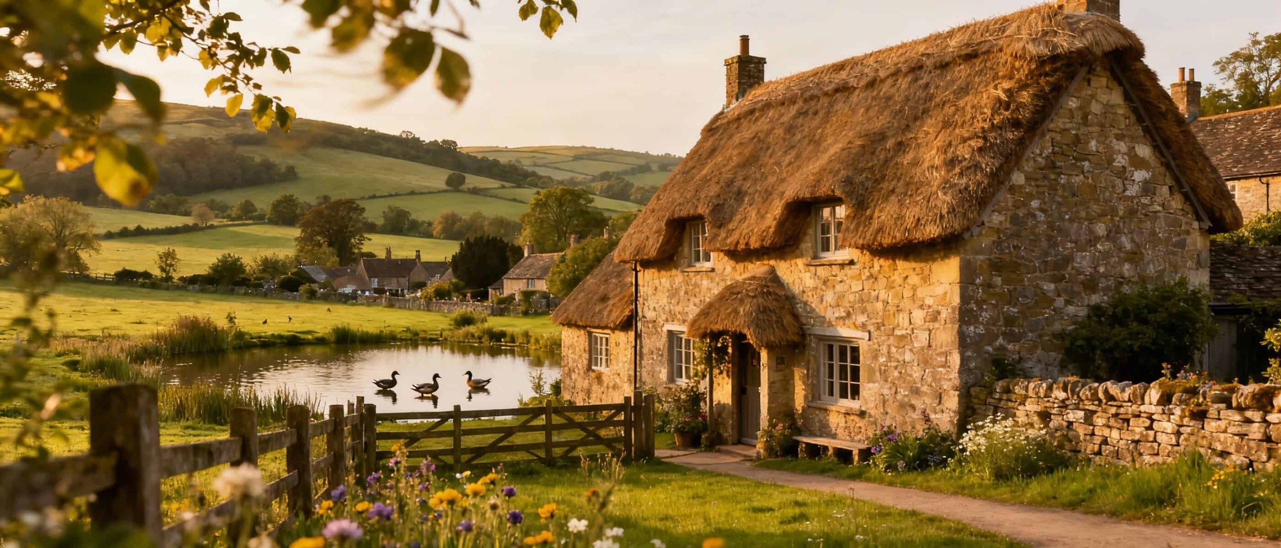 Vecchia casa in pietra con tetto di paglia in campagna inglese, lago e cicogne, paesaggio rurale, atmosfera tranquilla e idilliaca, natura e architettura tradizionale.