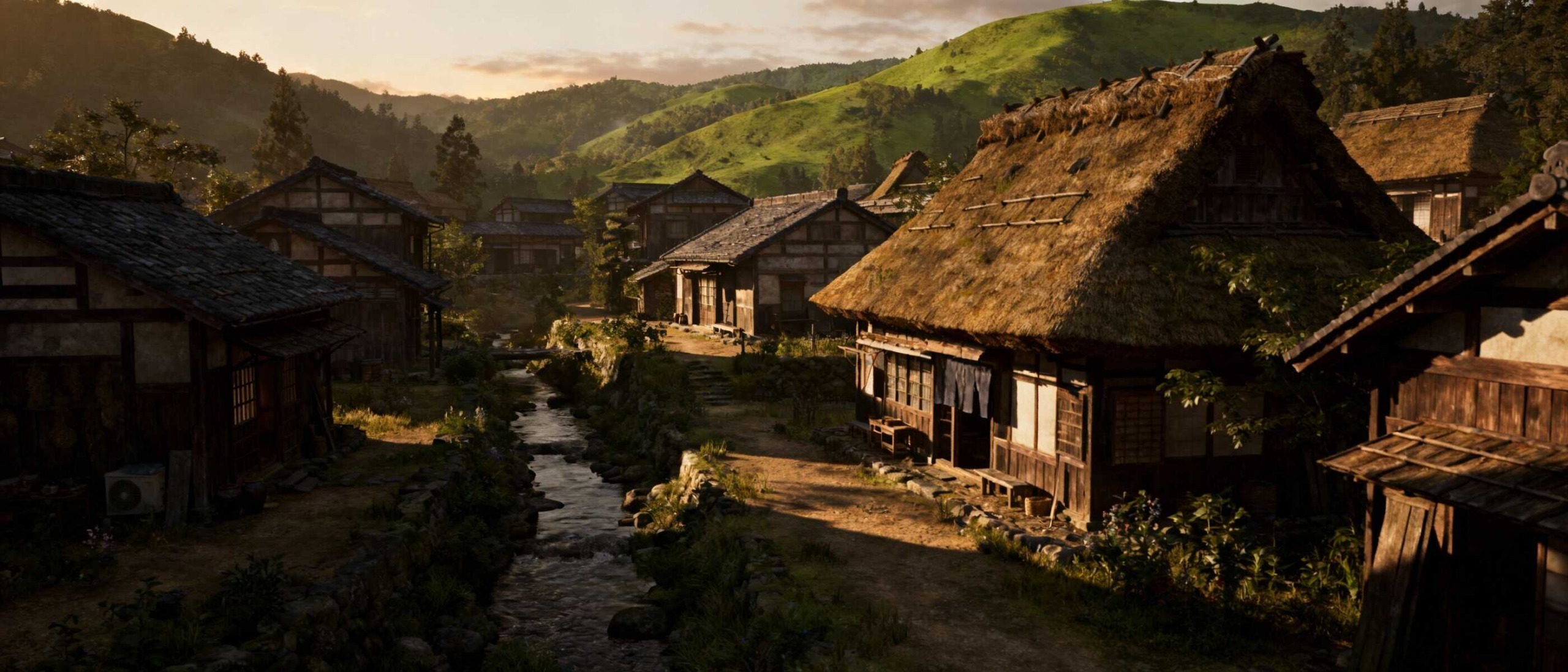 Vecchio villaggio giapponese tradizionale con case in legno e tetti di paglia immerso in un paesaggio montano al tramonto, evocando una forte atmosfera storica e rurale.