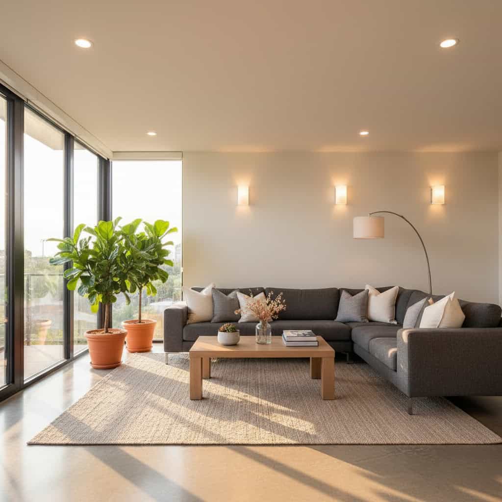 Spazio living luminoso con divano grigio, piante decorative e luce soffusa, creando un'atmosfera accogliente e moderna adatta a chi cerca ispirazioni di arredamento.