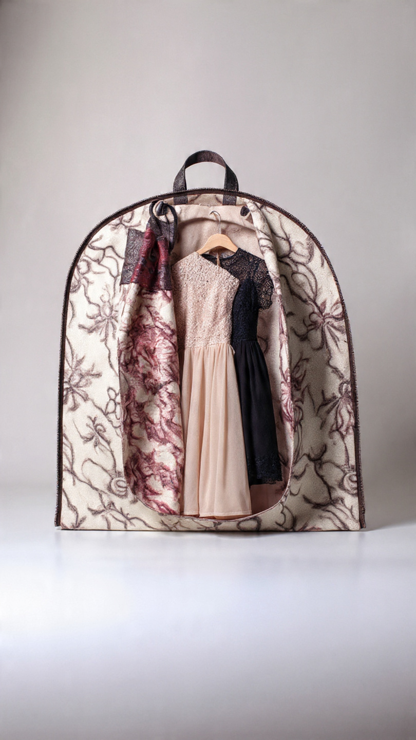 Come scegliere la borsa giusta? 16 tipi di borse donna 4 Valigia porta vestiti elegante con abiti da sera, include un vestito color crema e uno nero in stile cocktail, pronta per viaggio o evento speciale.