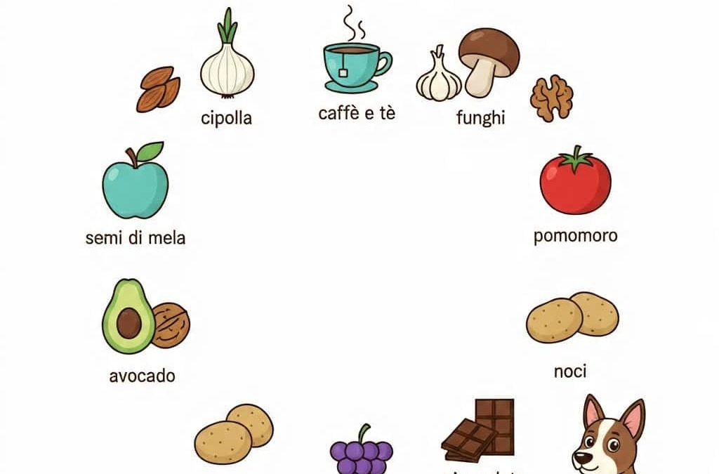 Alimenti dannosi e pericolosi per la salute dei cani, tra cui cipolla, caffè, funghi, pomodoro.