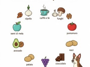 Alimenti dannosi e pericolosi per la salute dei cani, tra cui cipolla, caffè, funghi, pomodoro.