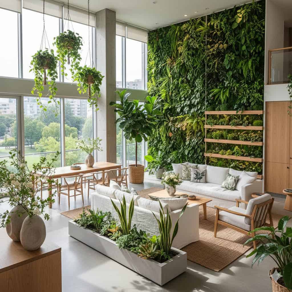 Ampio spazio living con parete verde indoor, piante sospese e arredamento naturale, perfetto per ambienti di design eco-friendly e rilassanti.