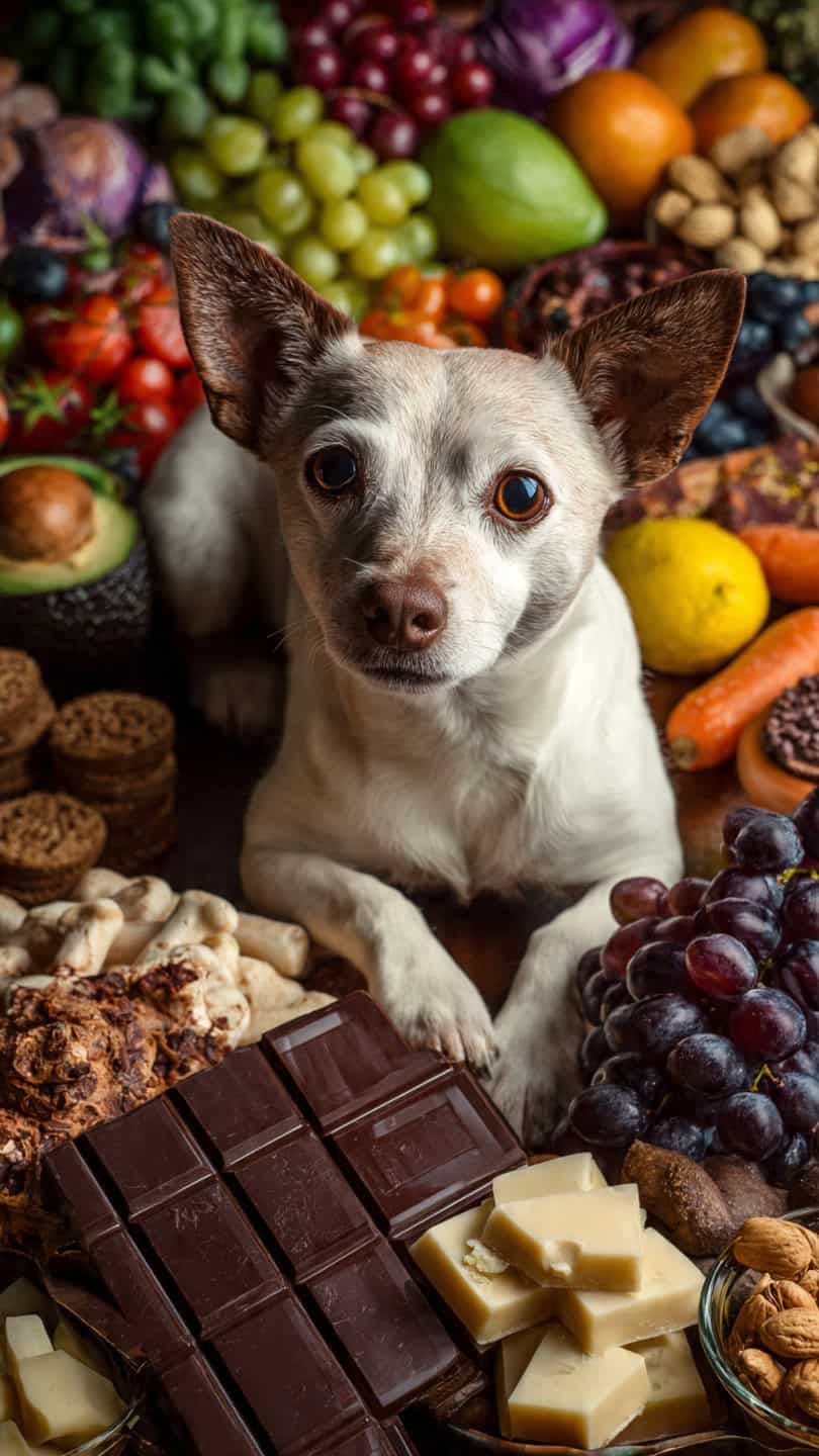 Cane piccolo circondato da cioccolato, frutta e dolci vari, con espressione attenta. Perfetto per appassionati di dessert e snack sani.