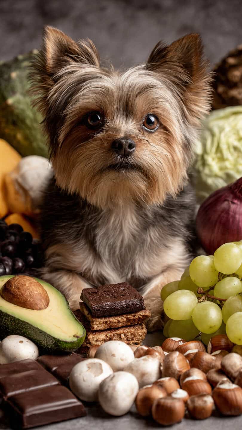 Cagnolino con pelo morbido tra uva, avocado, cioccolato e frutta fresca, concentrato e affascinato.
