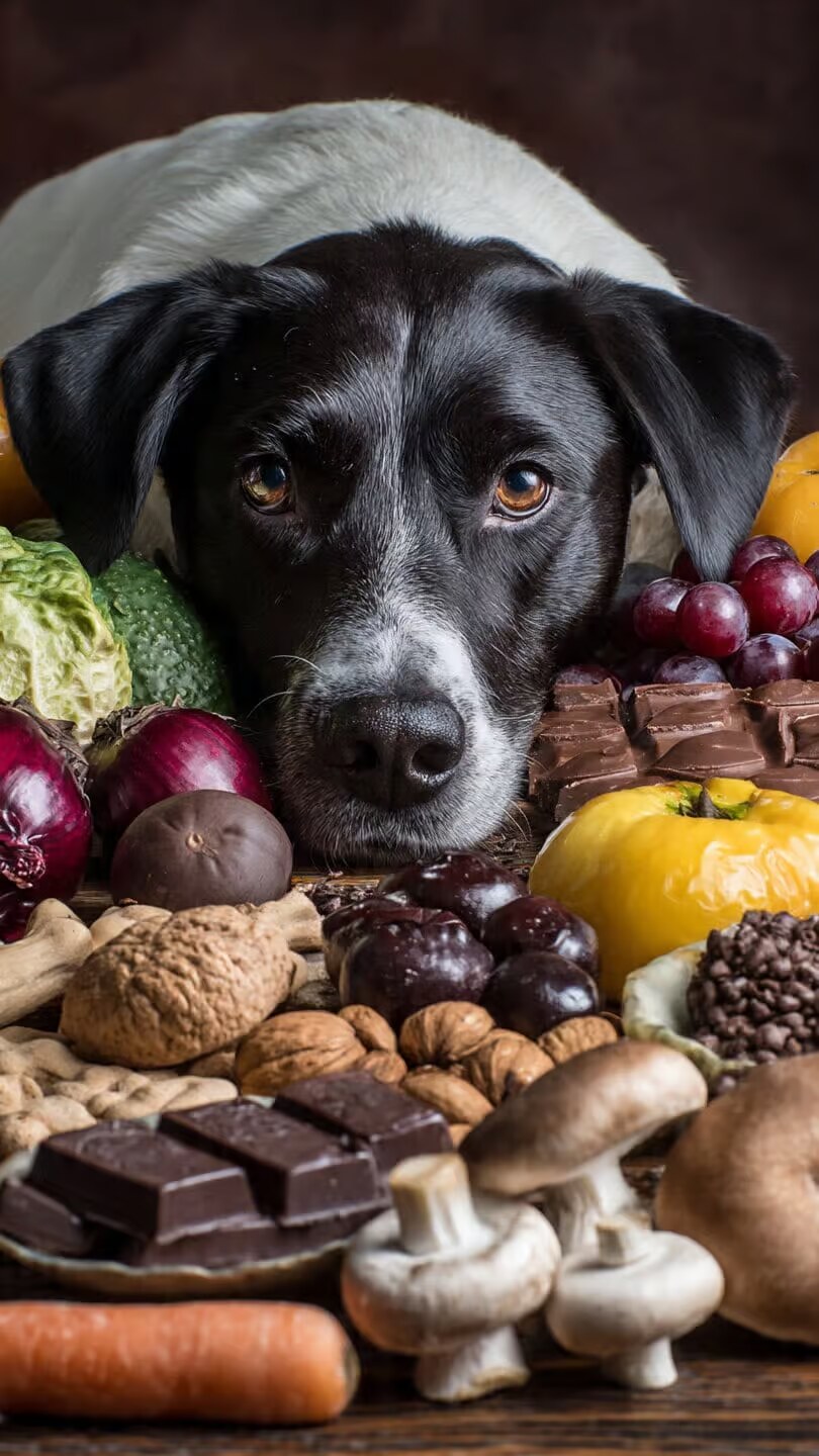 Alt text: Cane con occhi vivaci circondato da frutta e verdura, evidenziando un'alimentazione naturale e sana per cani, con il cioccolato come elemento da evitare.