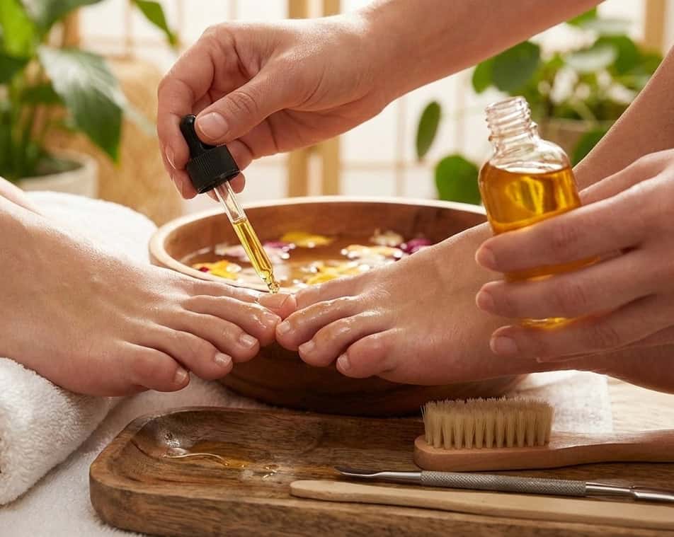 Terapeuta che applica oli essenziali su un cliente in un ambiente di benessere naturale e rilassante, con piante verdi sullo sfondo.