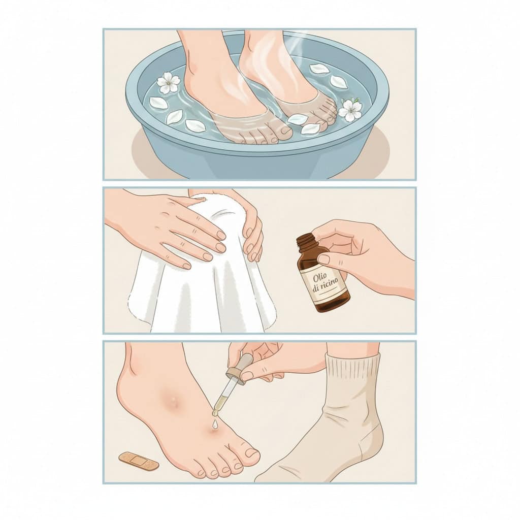 Testo alternativo: Immagine di un pediluvio con acqua profumata, una crema e un rimedio naturale per trattare problemi ai piedi, ideale per la cura e il relax dei piedi.