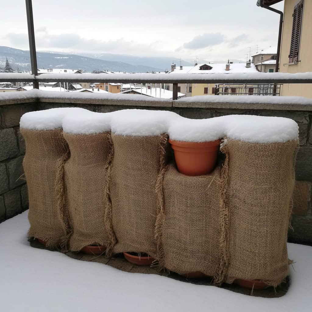 Perché i vasi da fiori si crepano in inverno in Italia 3 Vasi di terracotta avvolti nella juta durante l'inverno