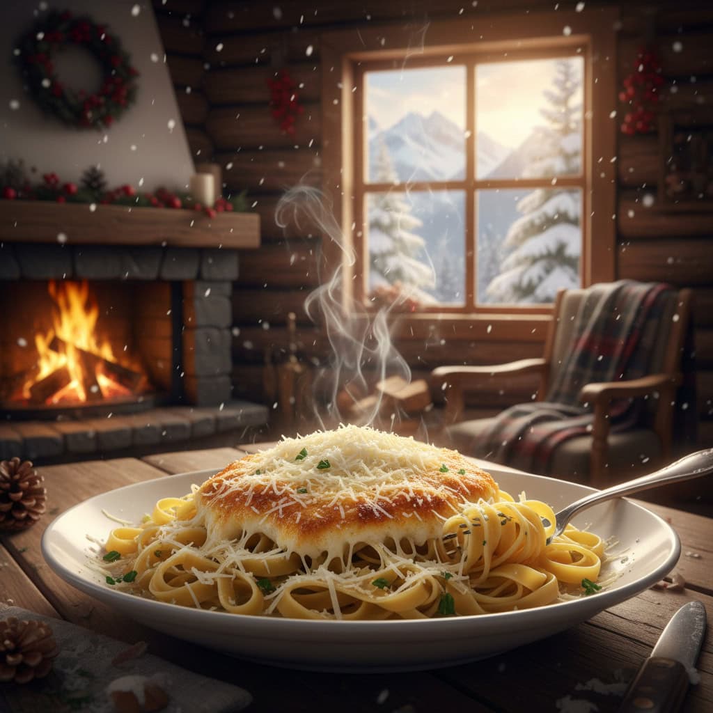 Deliziosa pasta al forno con formaggio filante in un’accogliente baita in montagna, con camino acceso e paesaggio innevato. Perfetta per le feste, atmosfera natalizia e comfort culinario.