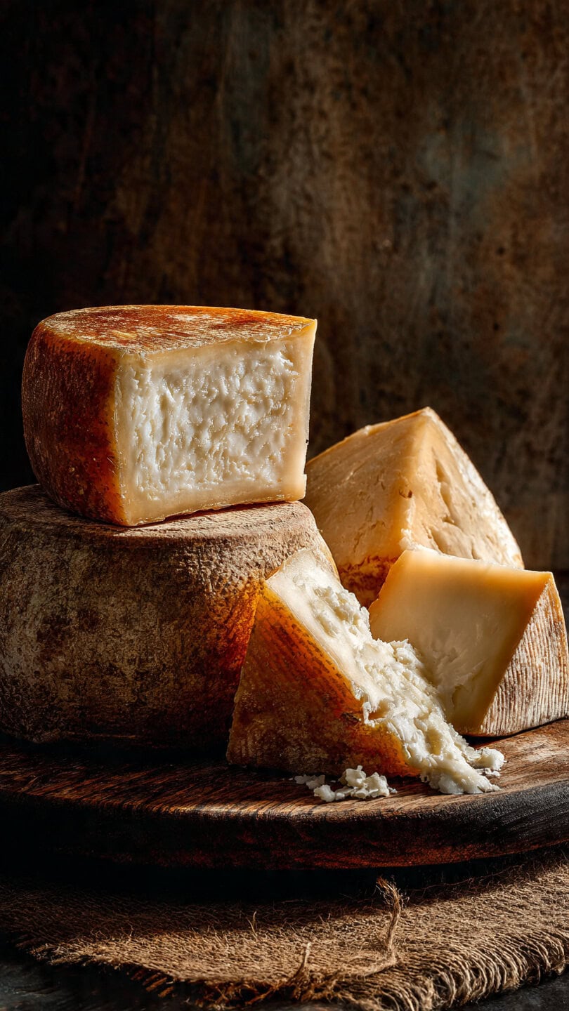 Formaggio stagionato con crosta dura e interno morbido, ideale per tavola e antipasti, in un ambiente rustico e accogliente.