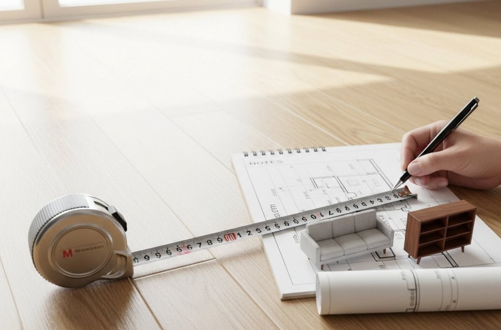 Alt text: Persona che disegna un piano di arredamento su blueprint con mini mobili, illuminato dalla luce naturale di una finestra. Utensili di progettazione come metro, carta e matita sono visibili.