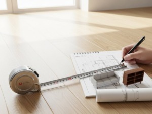 Alt text: Persona che disegna un piano di arredamento su blueprint con mini mobili, illuminato dalla luce naturale di una finestra. Utensili di progettazione come metro, carta e matita sono visibili.