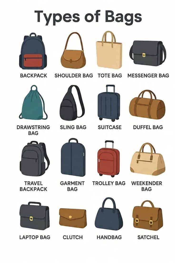 Come scegliere la borsa giusta? 16 tipi di borse donna 2 Come scegliere la borsa giusta? 16 tipi di borse donna. Descrizione di diversi modelli di borse e zaini, inclusi backpack, handbag, tote bag, messenger bag, e altri, ideali per viaggi, lavoro e uso quotidiano. Immagine utile per articoli su accessori moda e organizzazione bag.