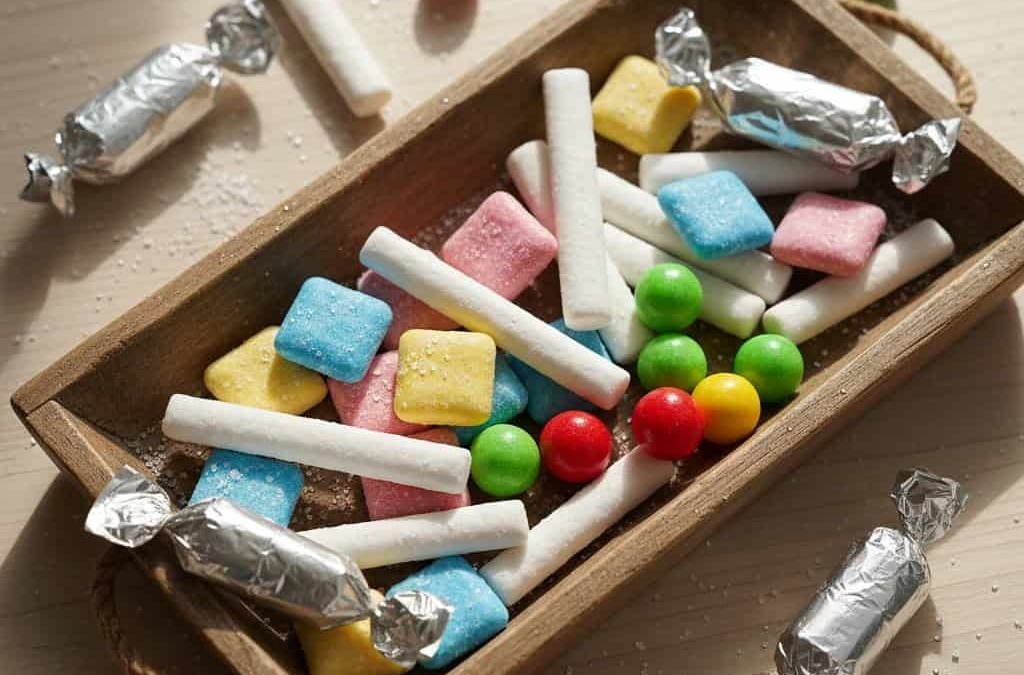 Caramelle colorate di zucchero in una scatola di legno, alcune avvolte in carta argentata, altre non confezionate, con zucchero sparso intorno.