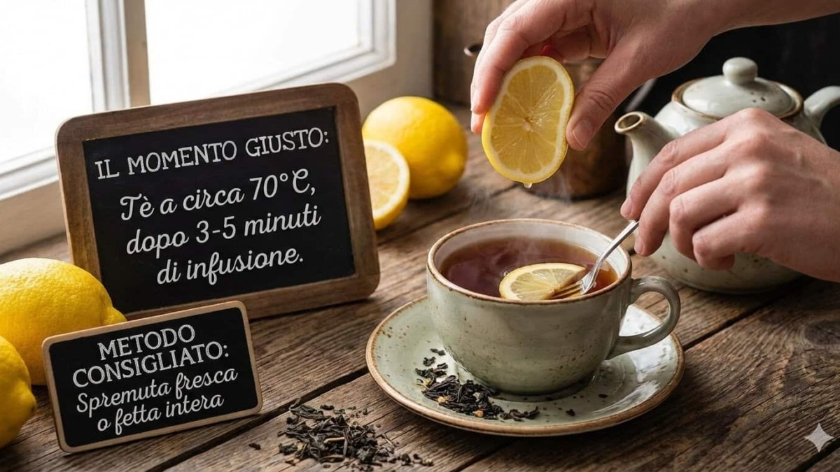 Preparazione del tè a circa 70°C con limone, ideale dopo 3-5 minuti di infusione, per un gusto equilibrato e benefico.