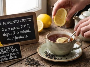 Preparazione del tè a circa 70°C con limone, ideale dopo 3-5 minuti di infusione, per un gusto equilibrato e benefico.