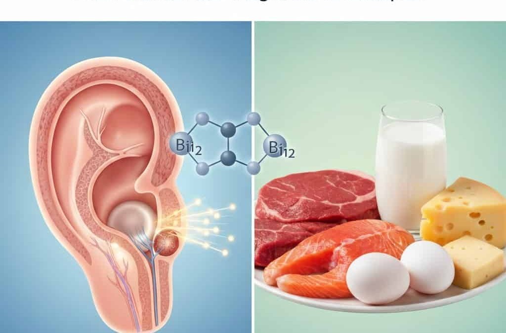 Infografica sulla vitamina B12 e il suo ruolo nel prevenire il calo uditivo, con immagini di alimenti ricchi di B12 e rappresentazione del sistema uditivo.