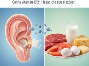 Infografica sulla vitamina B12 e il suo ruolo nel prevenire il calo uditivo, con immagini di alimenti ricchi di B12 e rappresentazione del sistema uditivo.