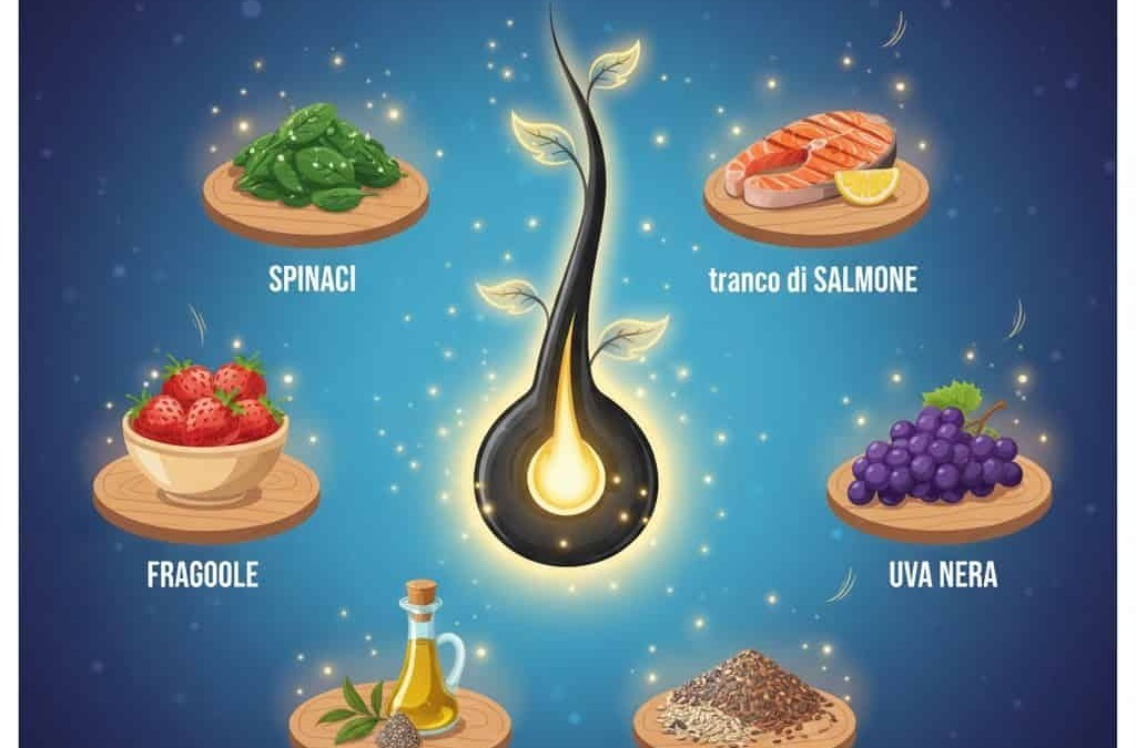 Immagine con alimenti naturali come spinaci, salmone, fragole, uva nera, olio d'oliva e semi veri, ideali per nutrire i capelli dall'interno e mantenerli sani e forti.