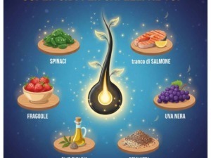 Immagine con alimenti naturali come spinaci, salmone, fragole, uva nera, olio d'oliva e semi veri, ideali per nutrire i capelli dall'interno e mantenerli sani e forti.