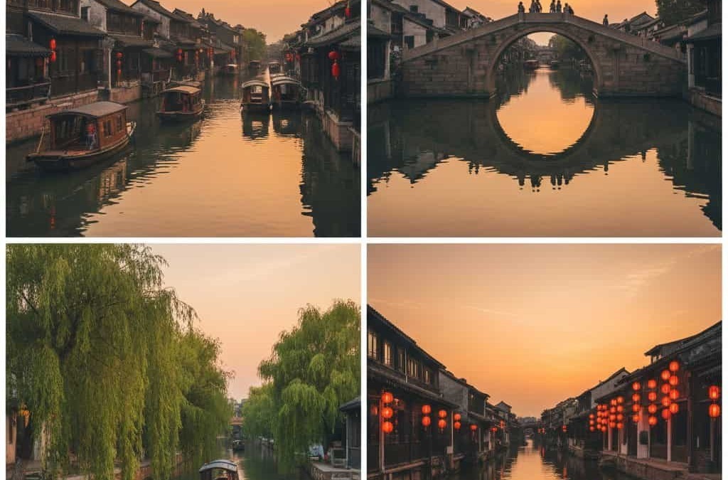 Scorcio di una città cinese sull'acqua al tramonto, con canali, ponti e tradizionali edifici in stile antico, che richiamano Venezia orientale.