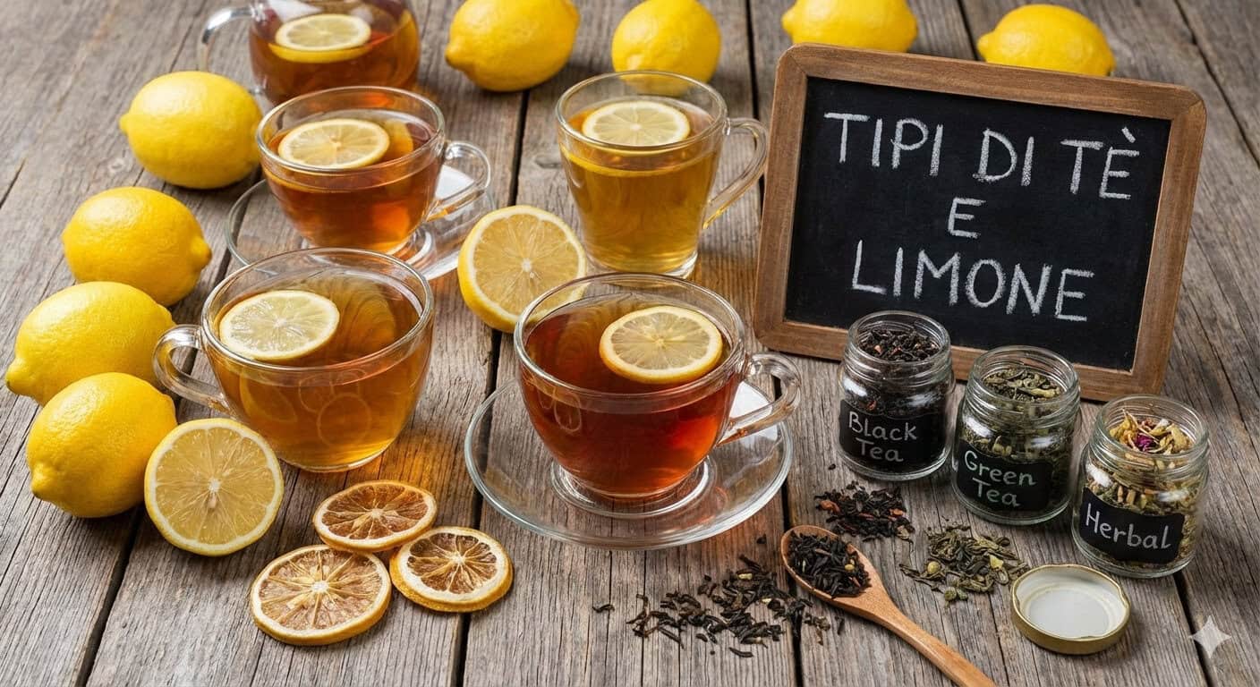 Tè di limone e tisane naturali in bicchieri trasparenti con limoni freschi e spezie, ideale per momenti di relax e benessere.