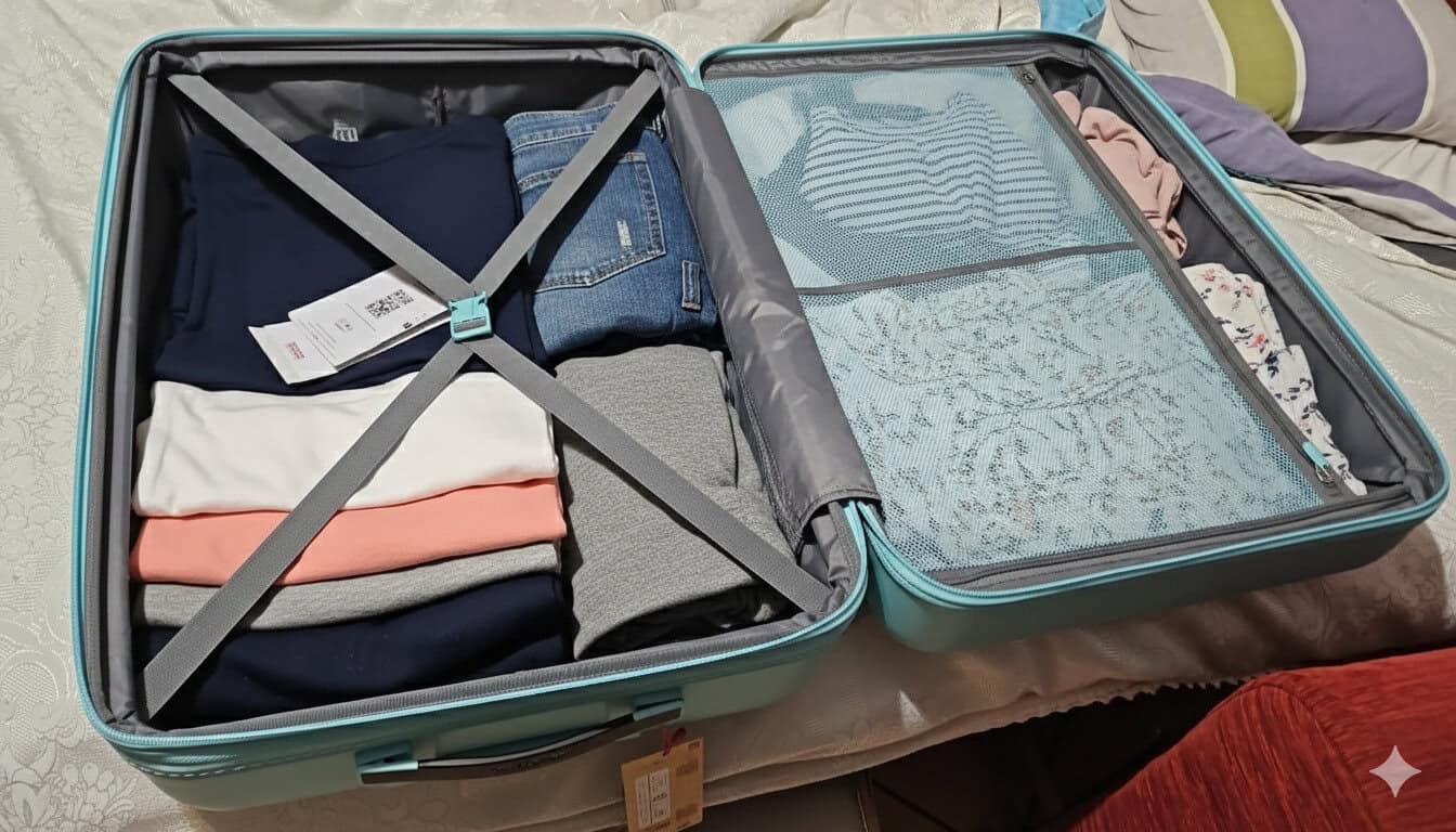 Valigia aperta con vestiti piegati e organizzati, pronta per il viaggio.
