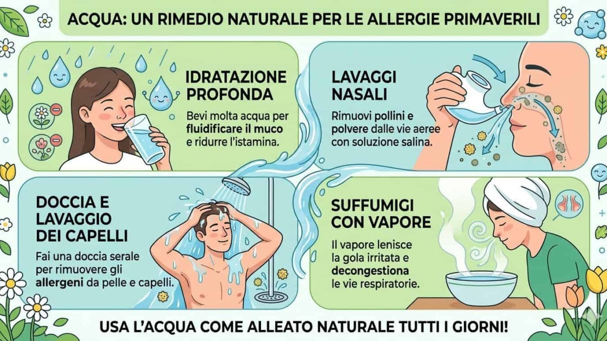 Infografica con consigli naturali per alleviare allergie primaverili, tra cui idratazione, lavaggi nasali, doccia serale e suffumigi con vapore.