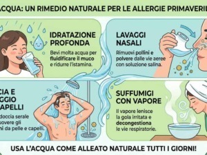Infografica con consigli naturali per alleviare allergie primaverili, tra cui idratazione, lavaggi nasali, doccia serale e suffumigi con vapore.