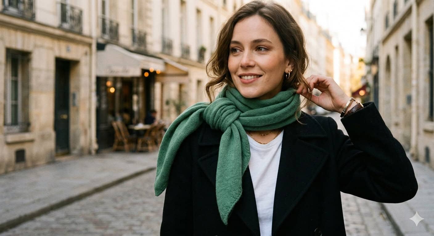 Classico "Parisienne": sciarpa Annodata lateralmente al collo con un nodo morbido.