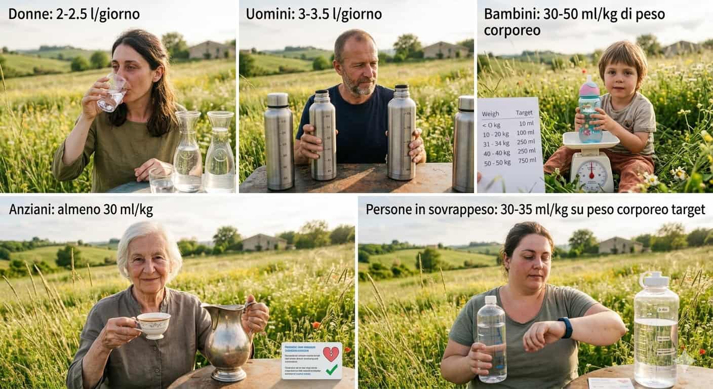 Donna che beve acqua durante una passeggiata all'aperto in campagna.