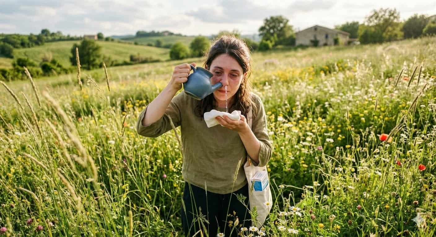 Donna che versa acqua in un bicchiere in un campo di fiori, ambiente naturale e tranquillo, perfetto per il benessere e il relax.