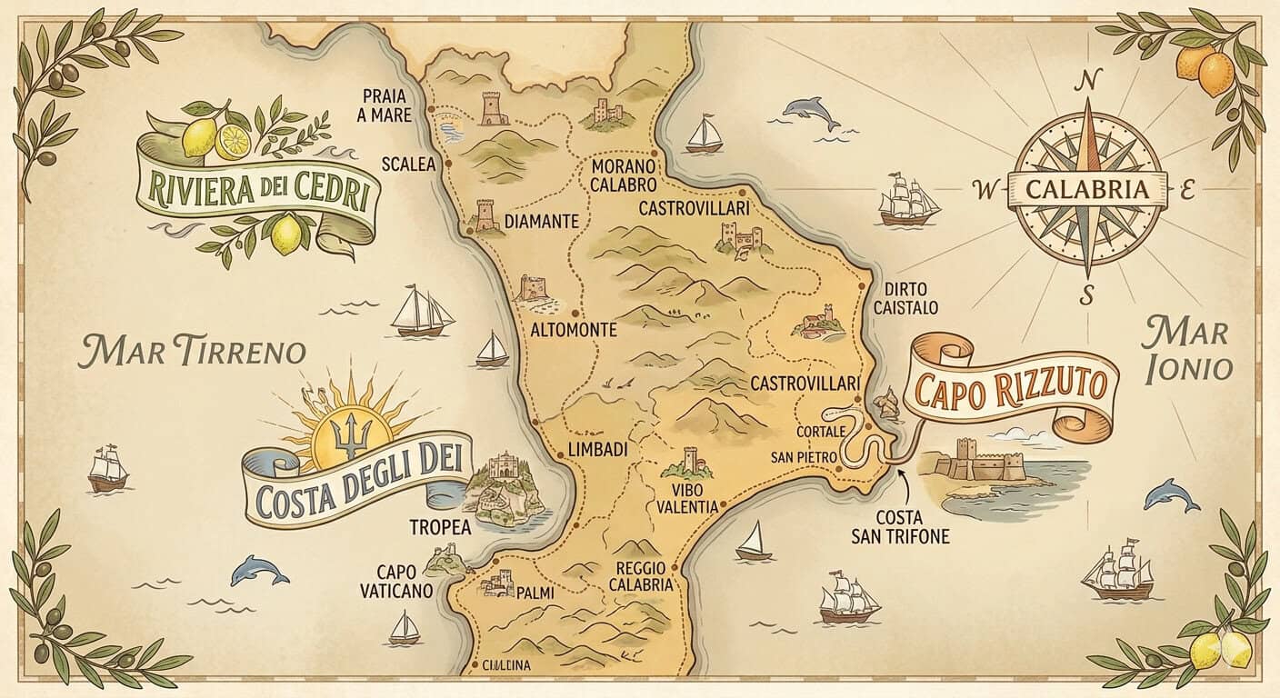 Mappa illustrativa delle spiagge dorate della Puglia e delle scogliere della Calabria, evidenziando le località turistiche e i tratti di costa più suggestivi del Sud Italia.