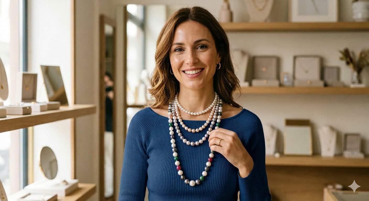 Collana di perle classica indossata da una donna sorridente in negozio di gioielli, evidenziando l'eleganza senza tempo delle perle adatte a ogni stile.