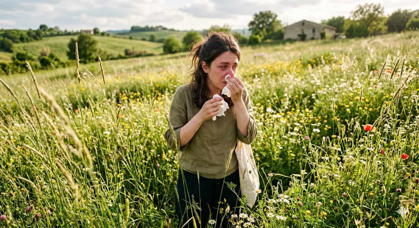 Donna che si copre il naso in un campo di fiori selvatici.