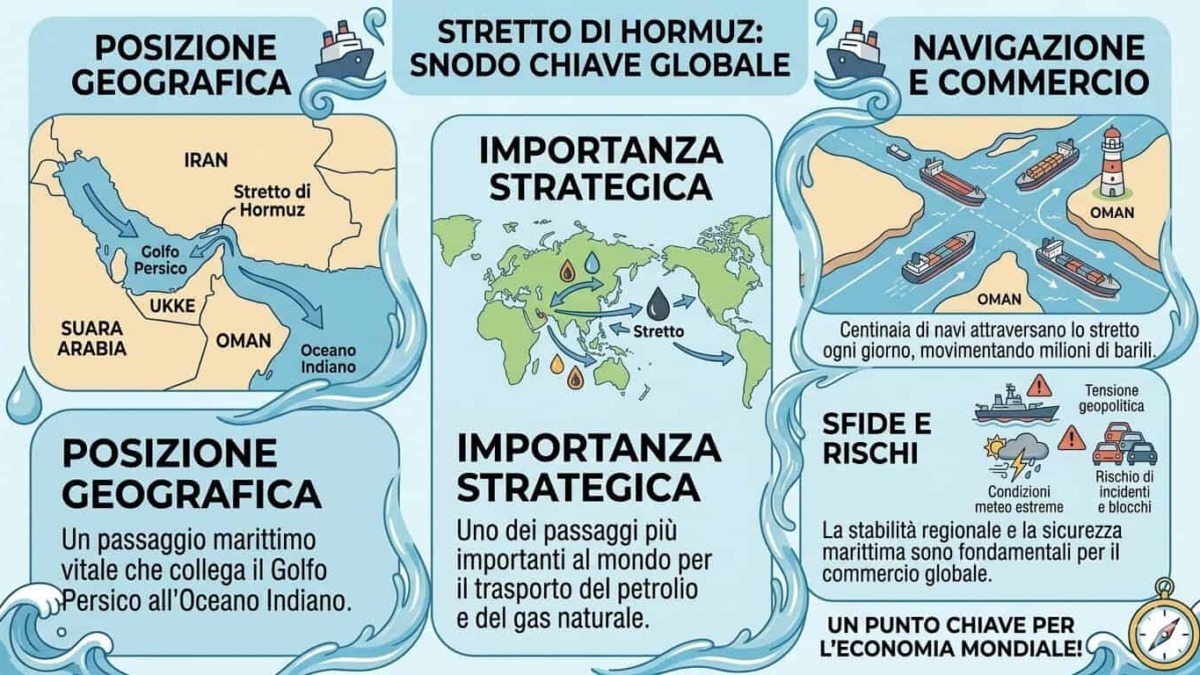 Mappa che illustra la posizione geografica di Iran, Oman e altri paesi, evidenziando rotte commerciali e passaggi strategici come lo Stretto di Hormuz e il Golfo Persico.